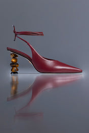SLINGBACK SOPHIE - couro pelica vinho e vinho escuro/ salto pedras naturais olho de tigre