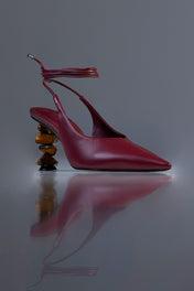 SLINGBACK SOPHIE - couro pelica vinho e vinho escuro/ salto pedras naturais olho de tigre