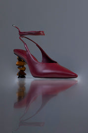 SLINGBACK SOPHIE - couro pelica vinho e vinho escuro/ salto pedras naturais olho de tigre