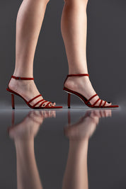 SANDÁLIA MADELEINE - couro camurça telha/ salto macramê