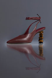 SLINGBACK SOPHIE - couro pelica vinho e vinho escuro/ salto pedras naturais olho de tigre