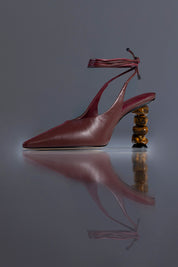 SLINGBACK SOPHIE - couro pelica vinho e vinho escuro/ salto pedras naturais olho de tigre