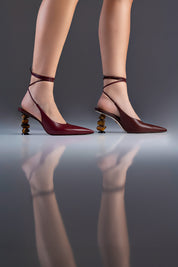 SLINGBACK SOPHIE - couro pelica vinho e vinho escuro/ salto pedras naturais olho de tigre