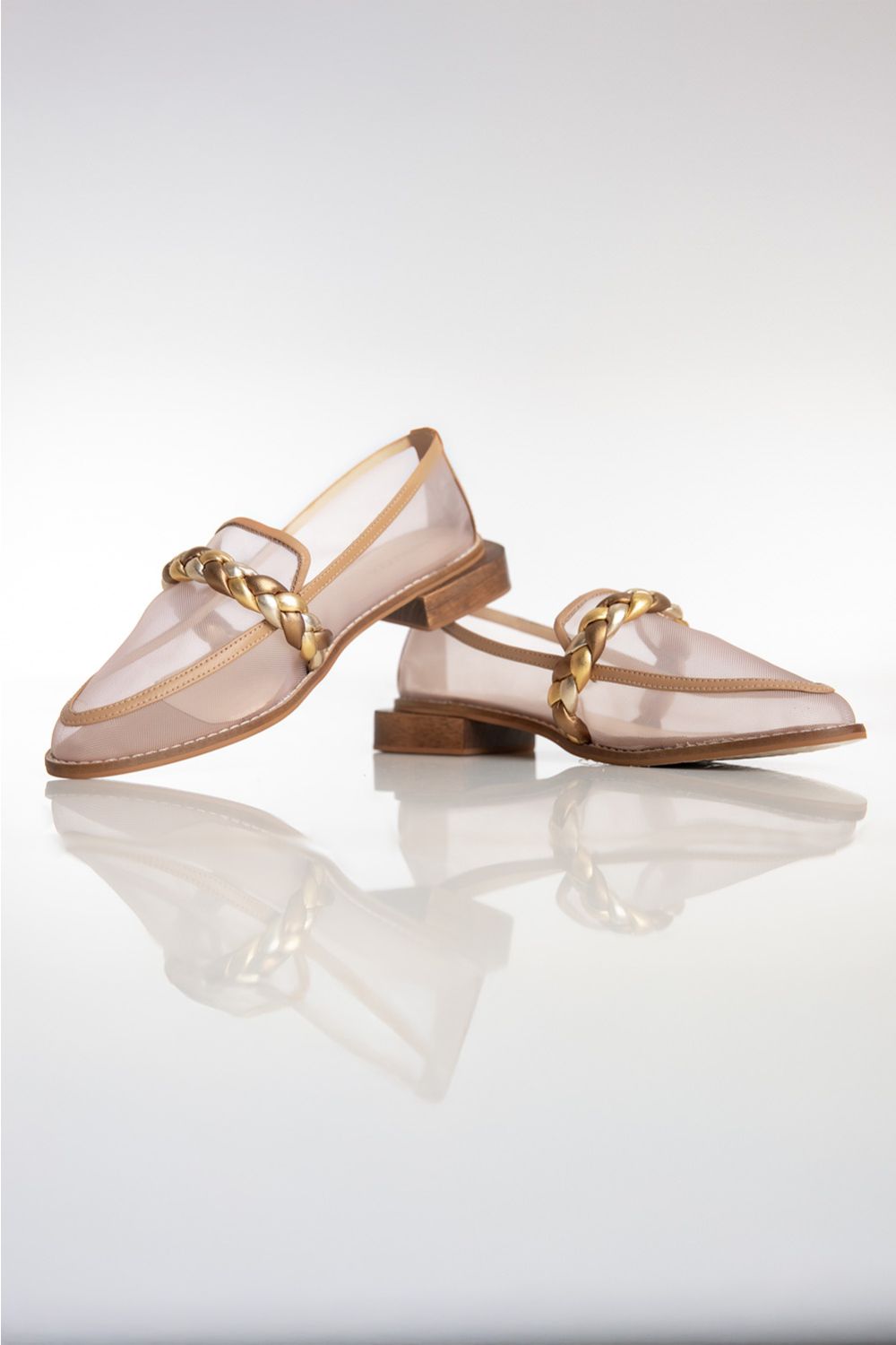MOCASSIM THEREZA - couro prata, ouro e bronze/ tela sintética/ salto madeira