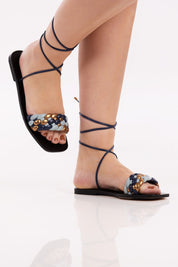 SANDÁLIA GIOVANA - couro preto, azul navy, azul céu e bronze
