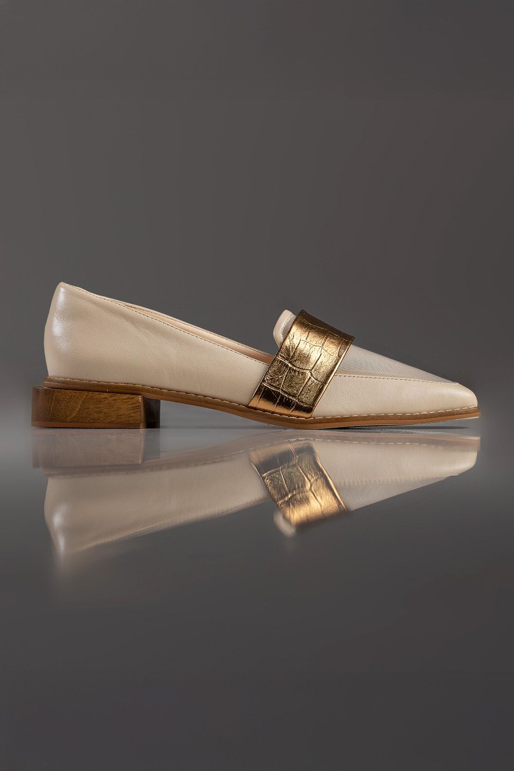 MOCASSIM ELISA - couro manteiga/ couro tipo croco bronze/ tela sintética