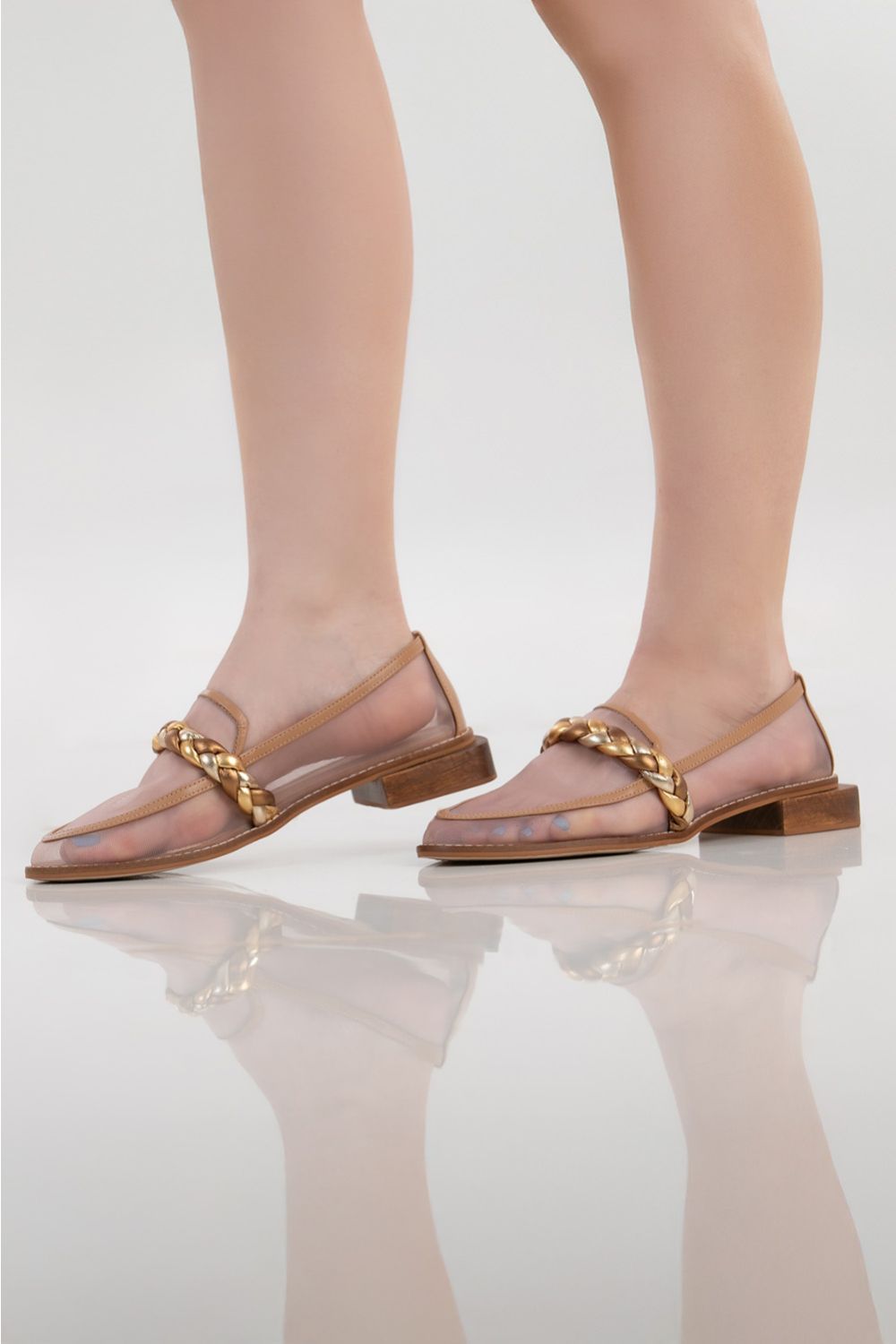 MOCASSIM THEREZA - couro prata, ouro e bronze/ tela sintética/ salto madeira