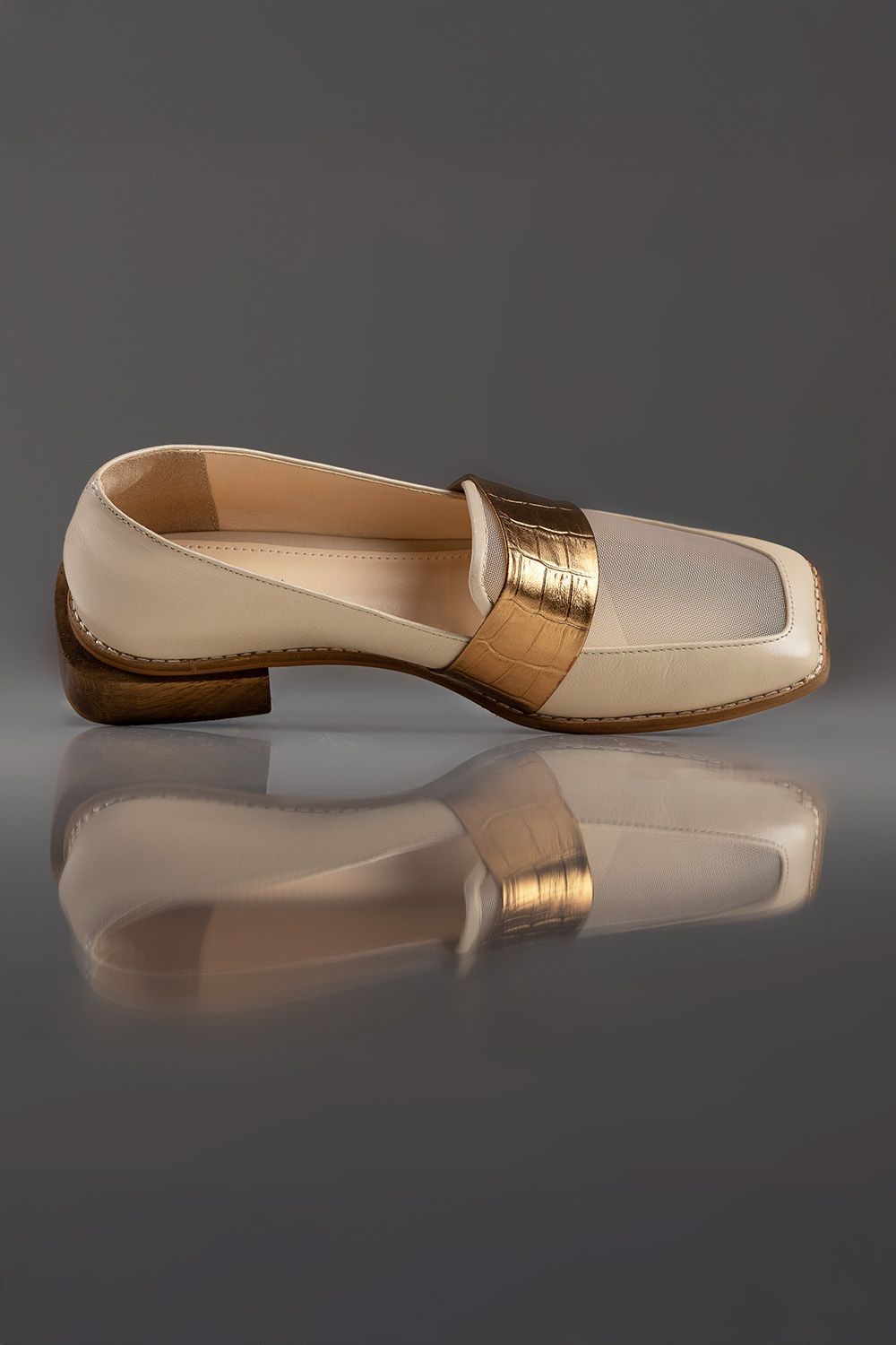 MOCASSIM ELISA - couro manteiga/ couro tipo croco bronze/ tela sintética