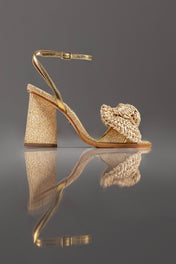 SANDÁLIA LOUISE - couro bronze e wood/ palha natural/ laço crochê de ráfia