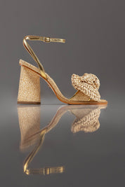 SANDÁLIA LOUISE - couro bronze e wood/ palha natural/ laço crochê de ráfia