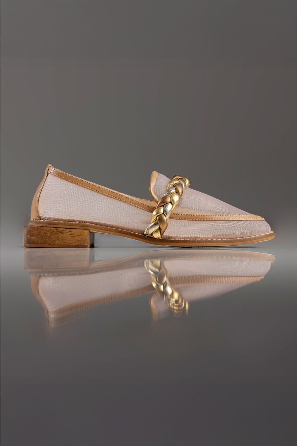 MOCASSIM THEREZA - couro prata, ouro e bronze/ tela sintética/ salto madeira