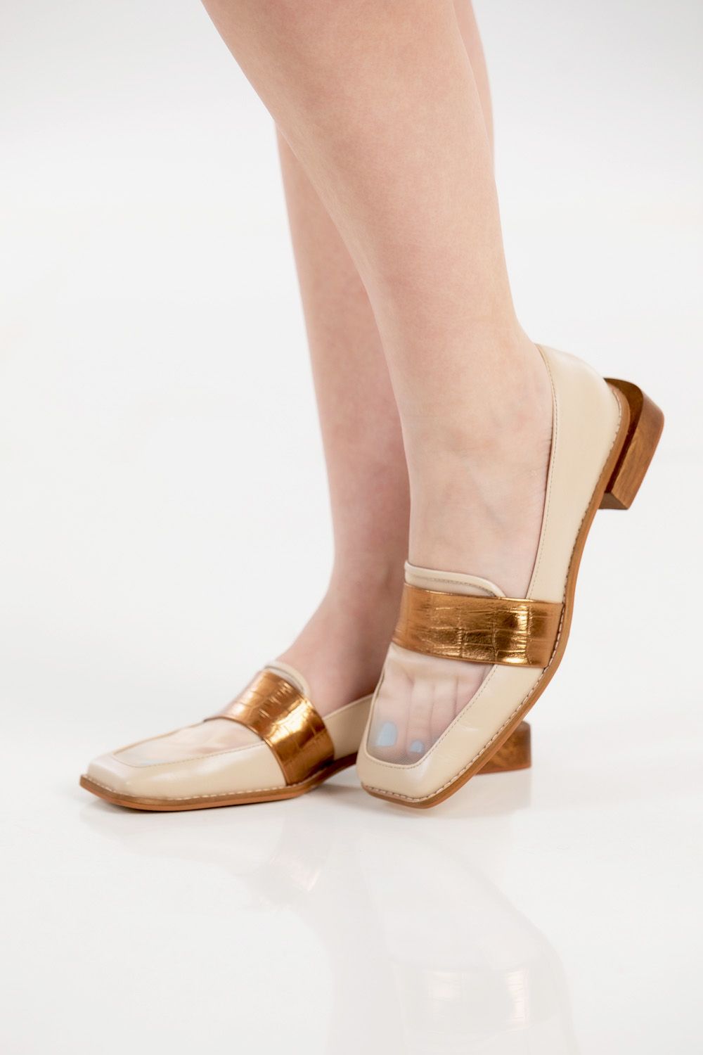 MOCASSIM ELISA - couro manteiga/ couro tipo croco bronze/ tela sintética