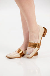MOCASSIM ELISA - couro manteiga/ couro tipo croco bronze/ tela sintética