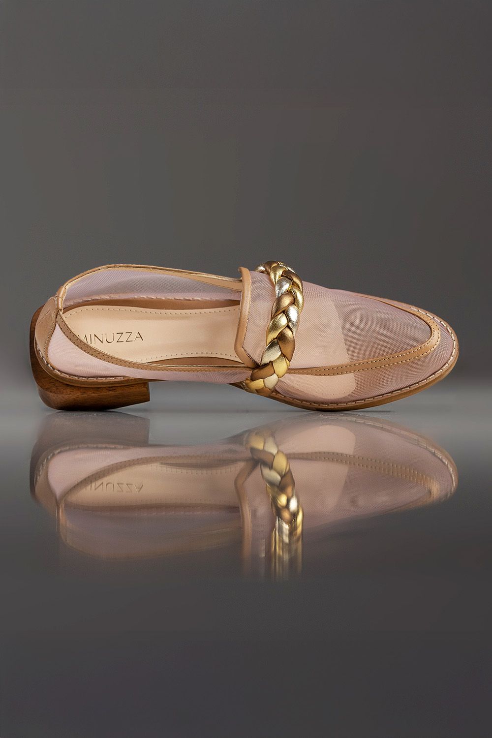 MOCASSIM THEREZA - couro prata, ouro e bronze/ tela sintética/ salto madeira