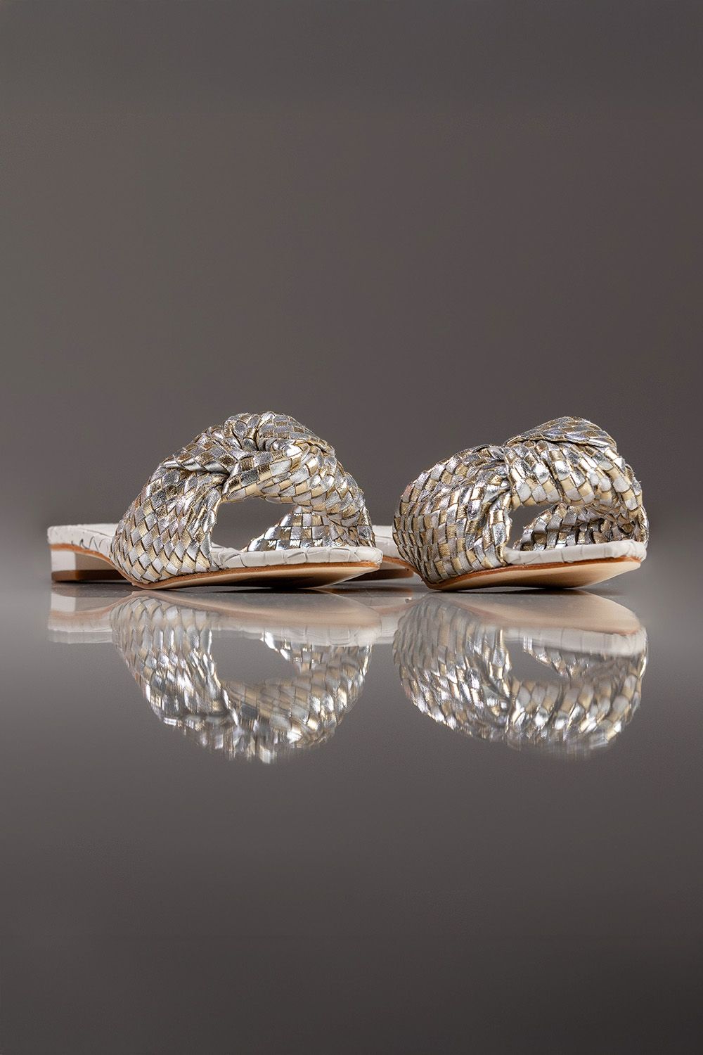 FLAT MARTINA - couro champagne, prata e off white