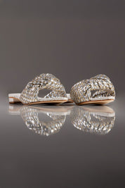 FLAT MARTINA - couro champagne, prata e off white