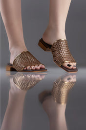 FLAT MARIA ALICE - couro bronze e café/ salto madeira