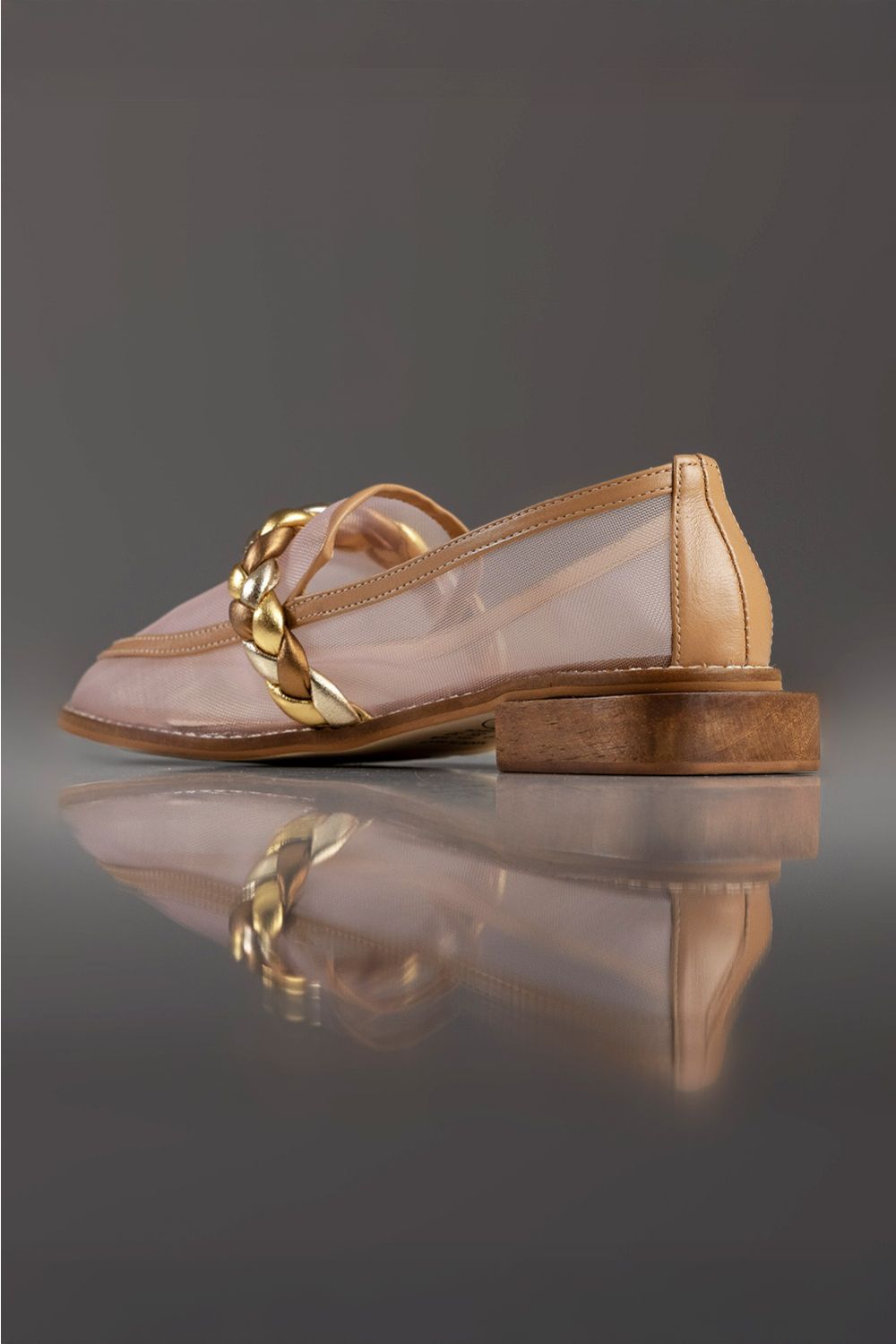 MOCASSIM THEREZA - couro prata, ouro e bronze/ tela sintética/ salto madeira