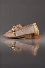 MOCASSIM THEREZA - couro prata, ouro e bronze/ tela sintética/ salto madeira
