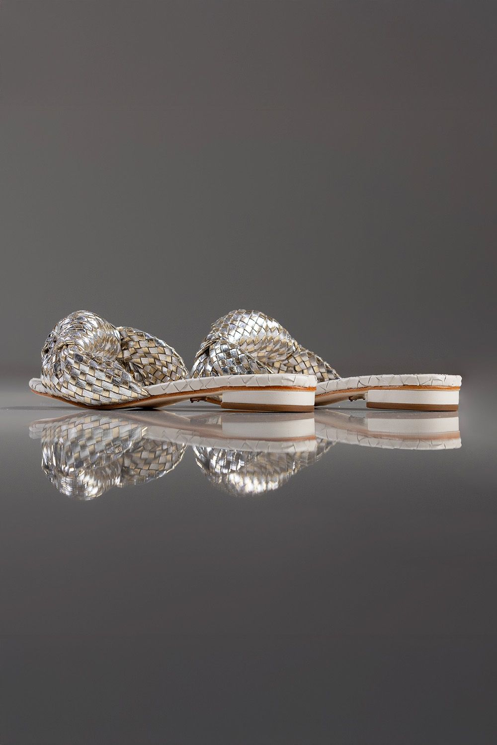 FLAT MARTINA - couro champagne, prata e off white