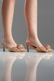 MULE CHARLOTTE - couro bronze/  palha natural/ laço crochê de ráfia