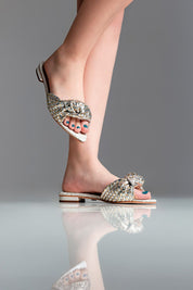 FLAT MARTINA - couro champagne, prata e off white
