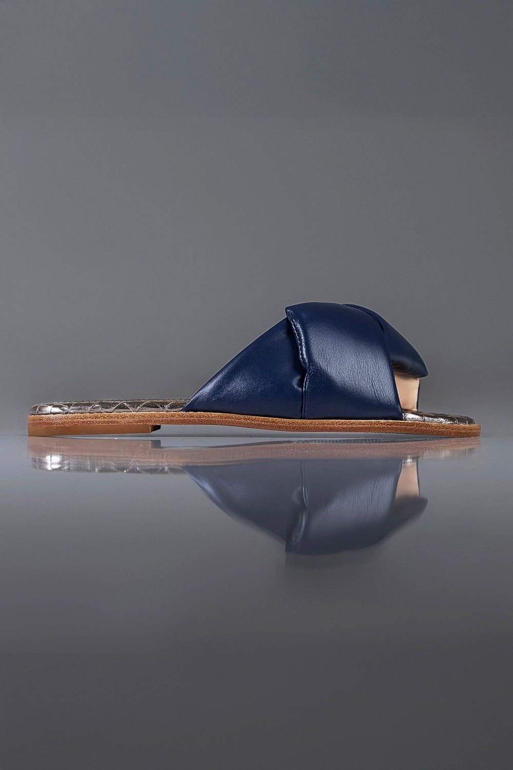 FLAT JÚLIA - couro azul navy e prata