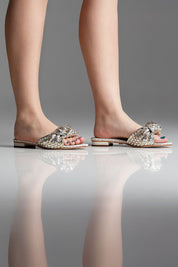 FLAT MARTINA - couro champagne, prata e off white