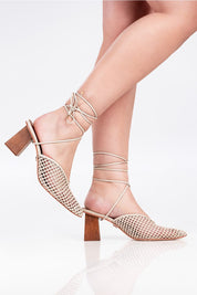 MULE MARIA EDUARDA - couro off white/ salto madeira castanheira